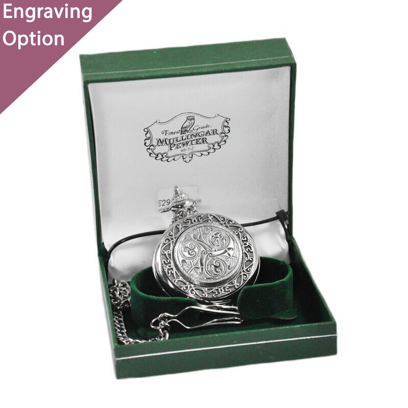 Mullingar Pewter Pocket Watch With Celtic Spiral Design And Border